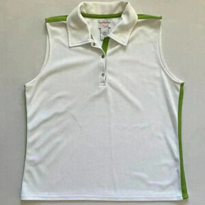 Izod Golf Perform Women's Sleeveless Polo – White/Green Collared Shirt, Size L